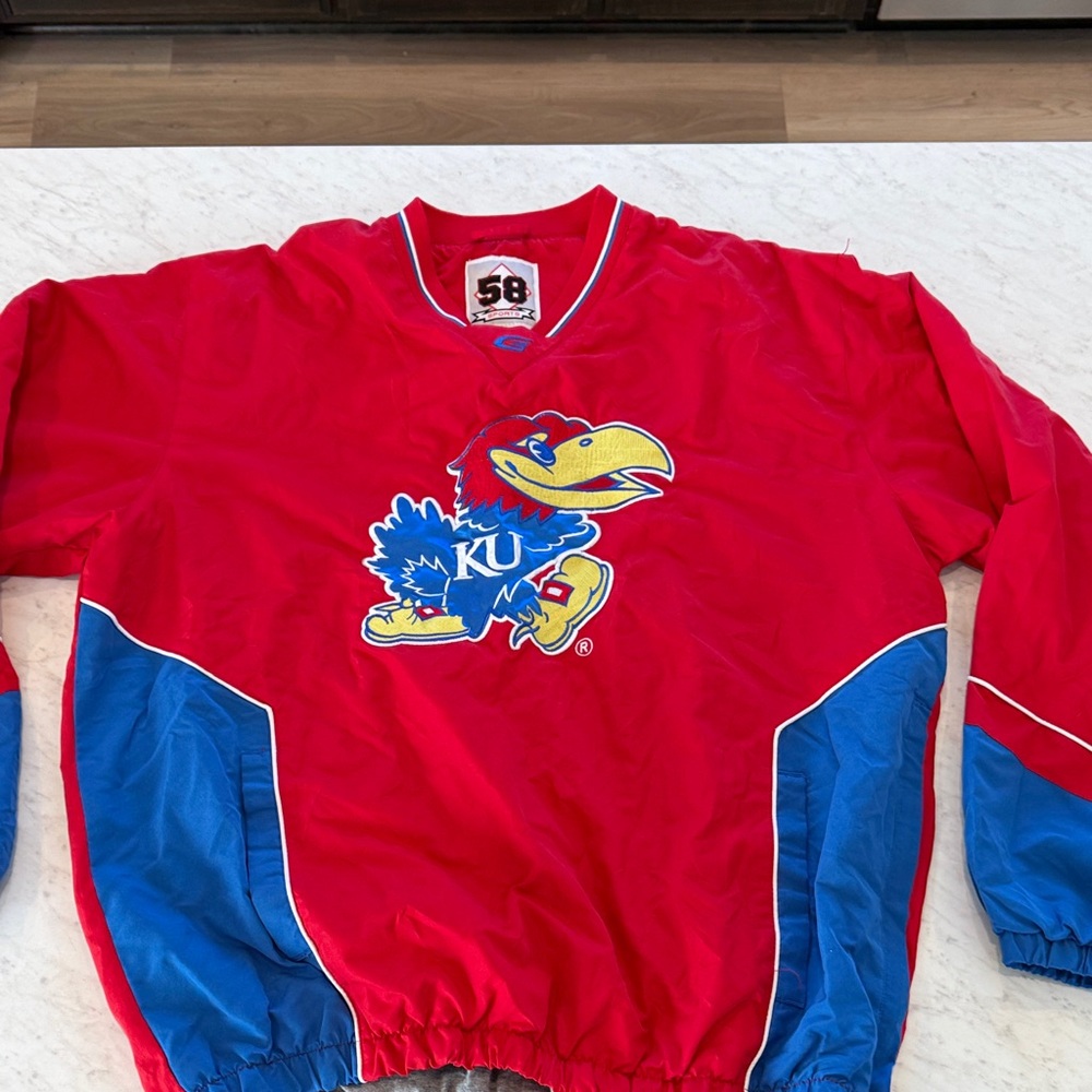 Vintage Kansas Jayhawks Red Pullover Windbreaker with Blue Panels
